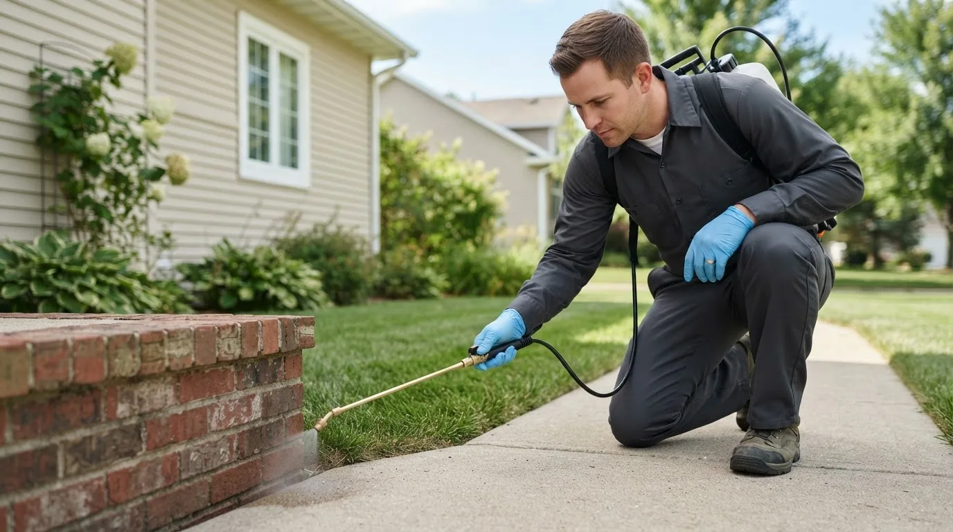 Pest control technician treating a home near West Alton, MO
